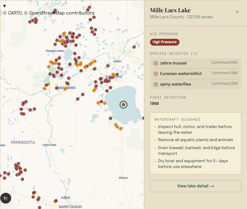Minnesota AIS pressure map showing Mille Lacs Lake selected — high-pressure classification with zebra mussel, Eurasian watermilfoil, and spiny waterflea confirmed since 1998, with watercraft inspection guidance